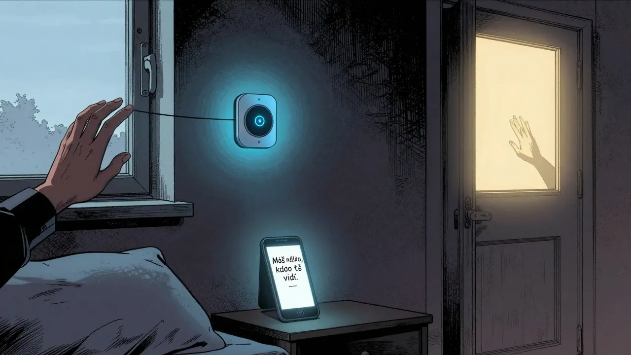 Chytrý senzor na zdi v ložnici, okno s omezením, telefon zobrazuje zprávu o podpoře v ranním světle.