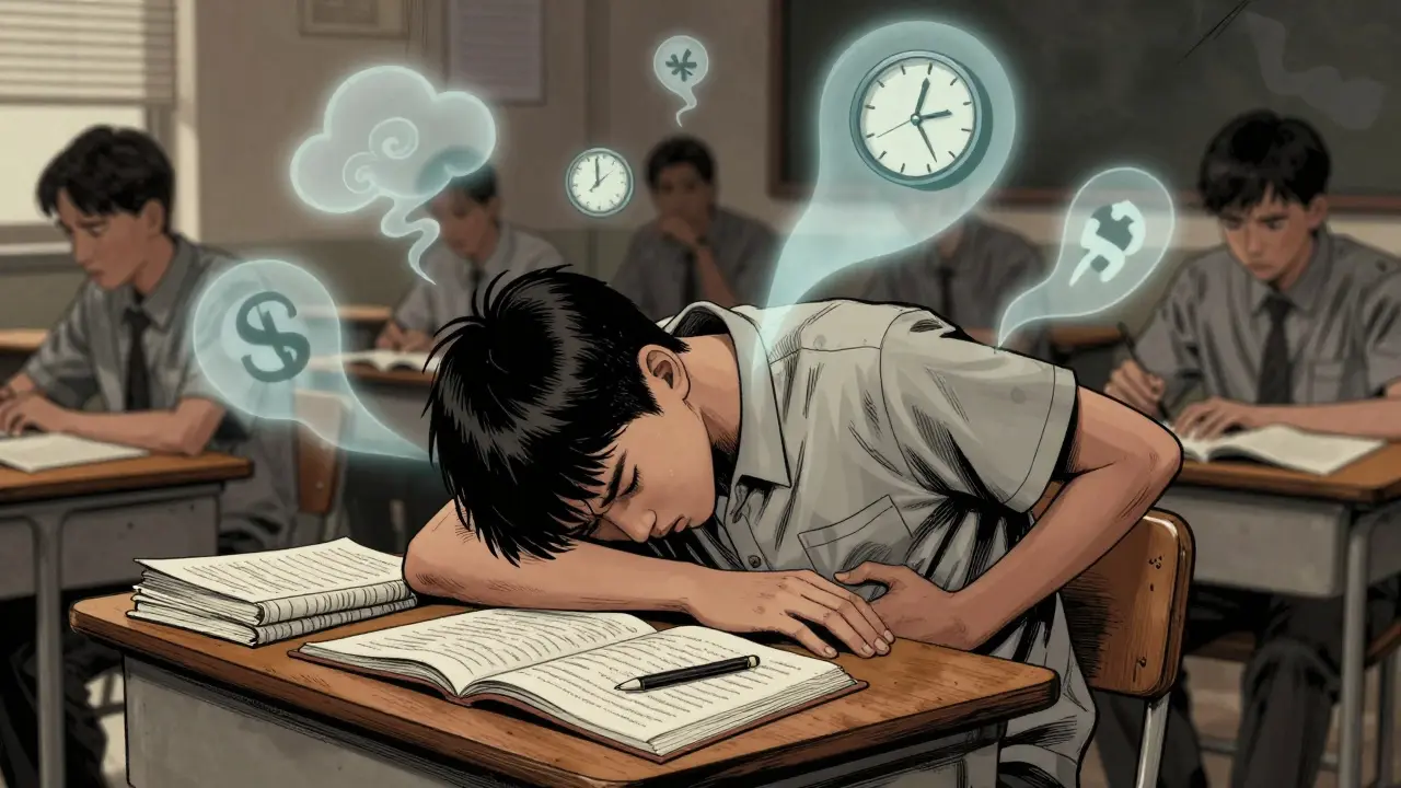 Dívka se drží za břicho u školní lavice, kolem ní visí prázdné hodiny a úzkostné stíny, učitelé nevšímají si jejího stavu.