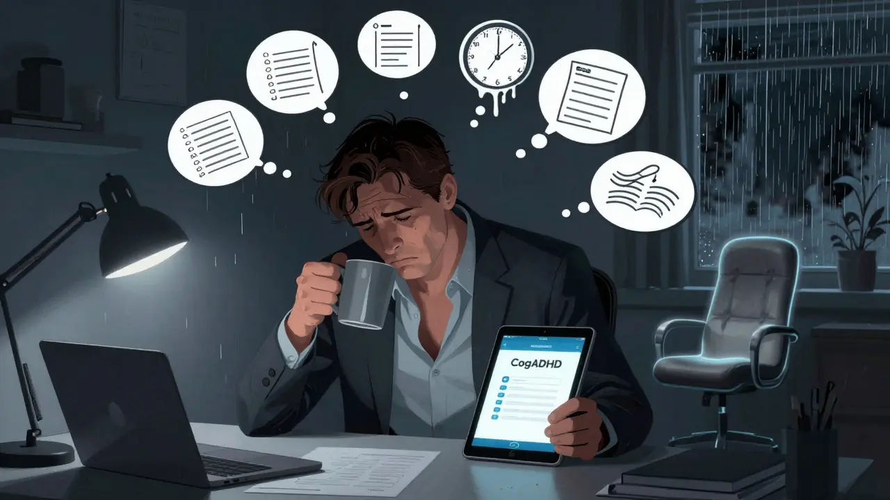 Dospělý muž v kanceláři s plnými myšlenkovými bublinami a tabletou s terapeutickou aplikací.