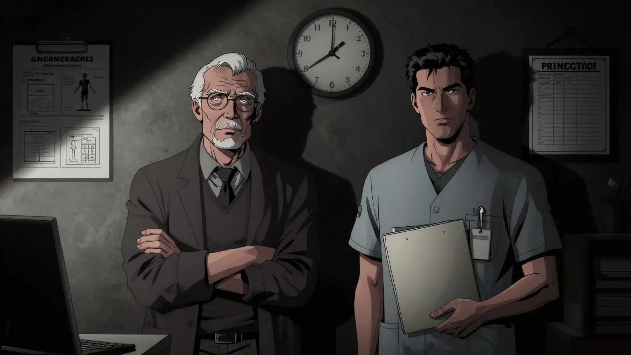 Dva terapeuti v temné klinice: jeden s pokročilými dokumenty, druhý s prázdným souborem.