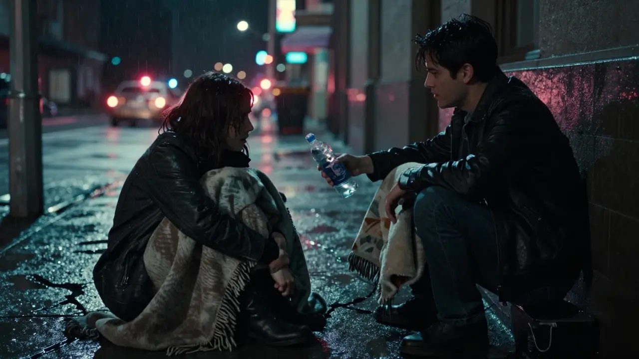 Dvě osoby sedí na chodníku, jedna dostává plášť a vodu od druhé v tiché noční ulici.