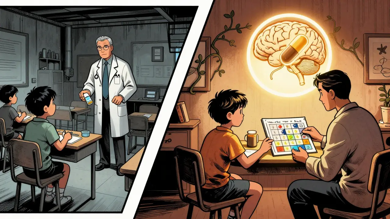 Dvojice scén: lékární předpis a terapeutická schůzka s rodičem, spojené symbolem léku a mozku.