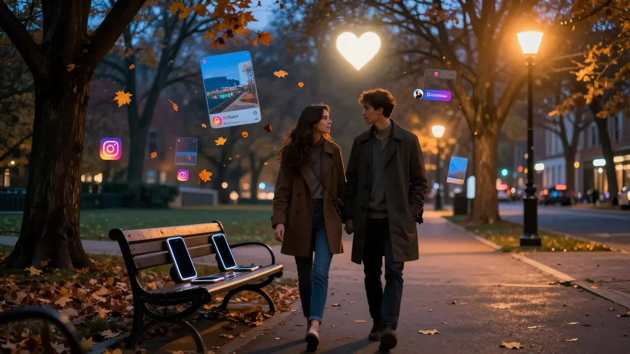 Dvojice se prochází parkem, jejich telefony zůstaly na lavičce, digitální obrazovky se mění v listí, nad nimi svítí srdce.