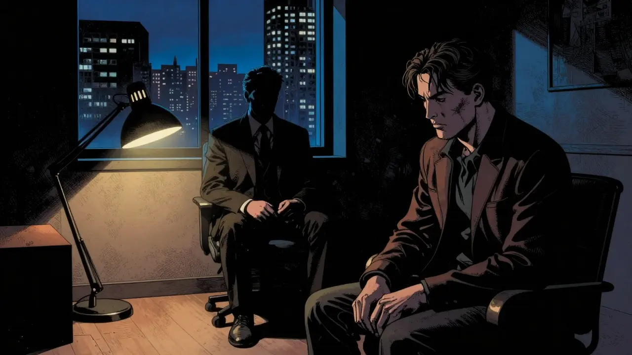 Klient v terapeutické místnosti s temnými stíny a oknem s městskou krajinkou.