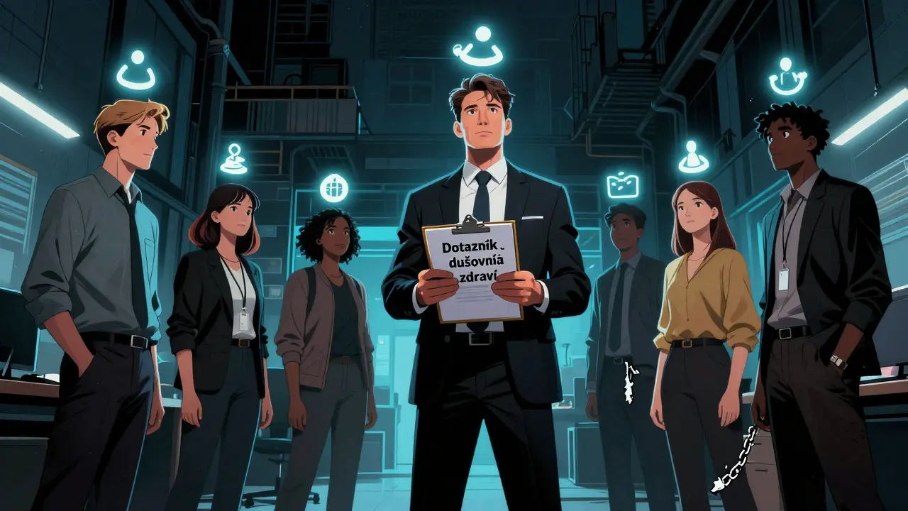 Manažer předává zaměstnancům dotazník o duševním zdraví, kteří začínají získávat kontrolu a svobodu.