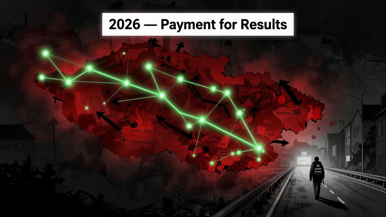 Mapa Česka: Praha svítí, Karlovy Vary jsou v temnotě, cestující se vydává na cestu s jen 10 sezeními.