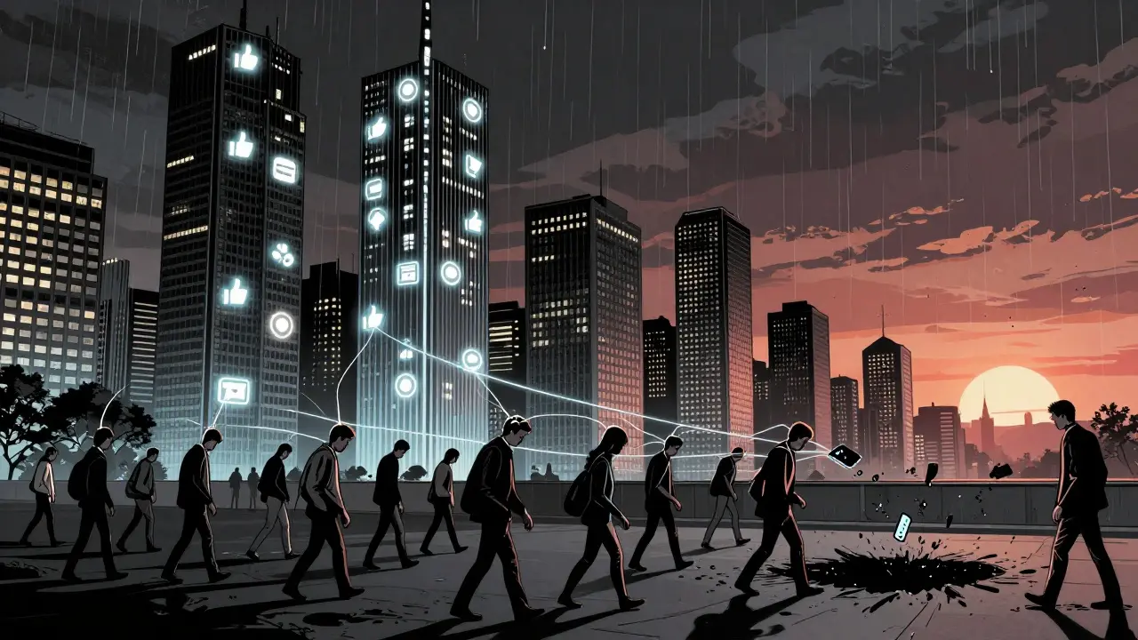 Město postavené z ikon sociálních sítí, zatímco jedna osoba se uvolňuje od digitálních řetězů.