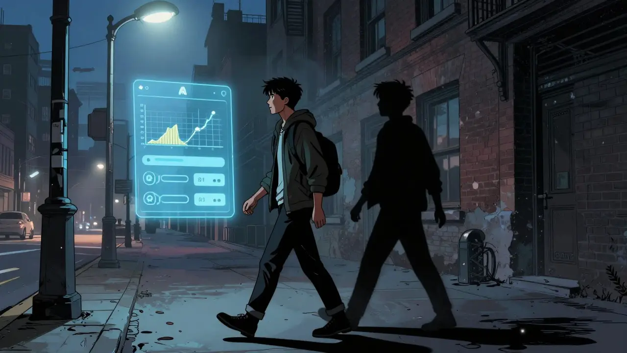 MLadý člověk kráčí ulicí, jeho stín se mění v siluetu zdravé verze sebe sama, vedle něj plavou digitální napomínky.