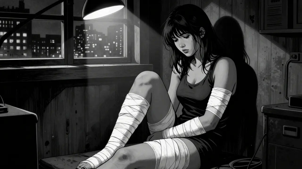 Obvázané paže a stehna v temné místnosti