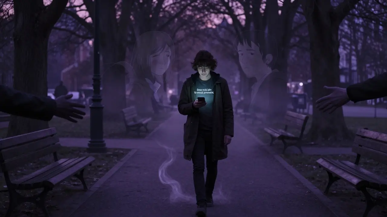 Osoba jde parkem při západu slunce, telefon ukazuje připomínku procházky, za ní stíny minulosti, vpředu podpůrné postavy.