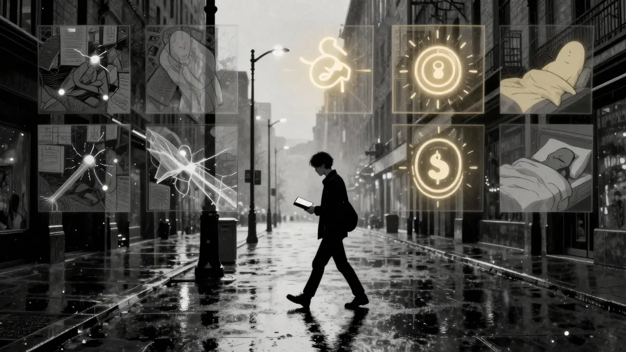 Osoba kráčí v ranním světle, příběh změny zobrazen jako polopřízraké obrazovky v minulosti.