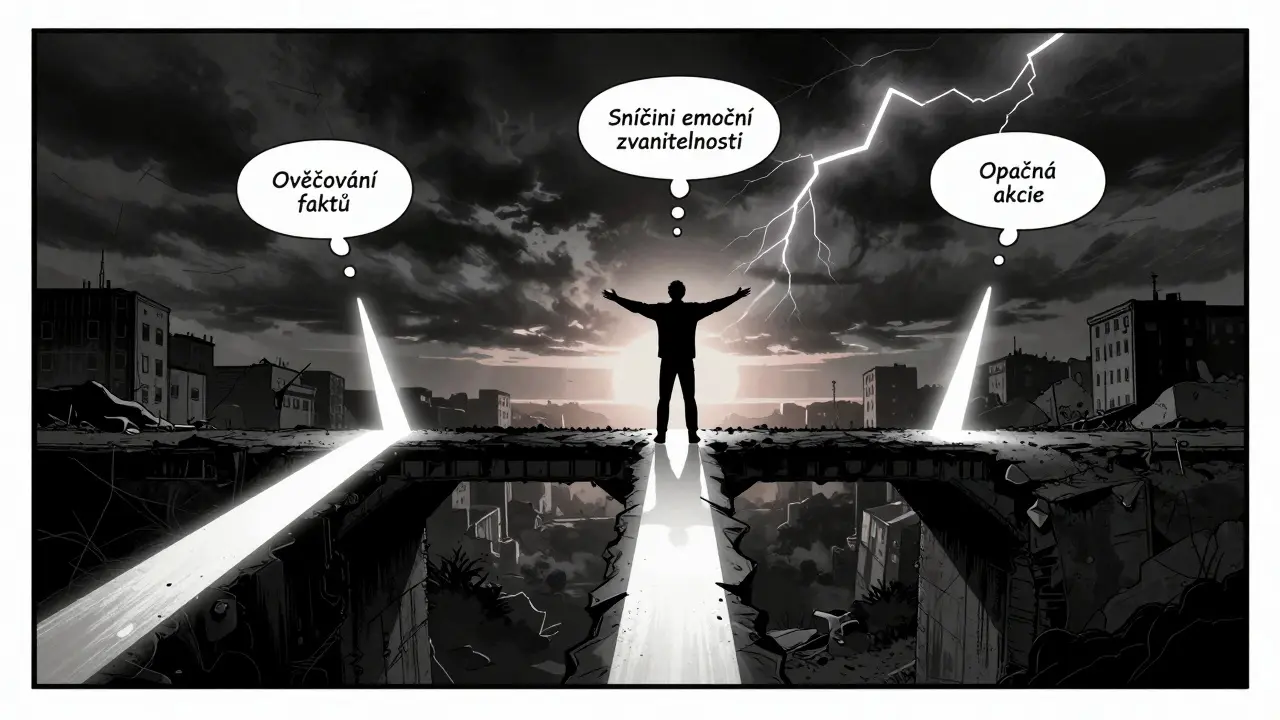 Osoba na kraji mostu před třemi cestami reprezentujícími dovednosti DBT.