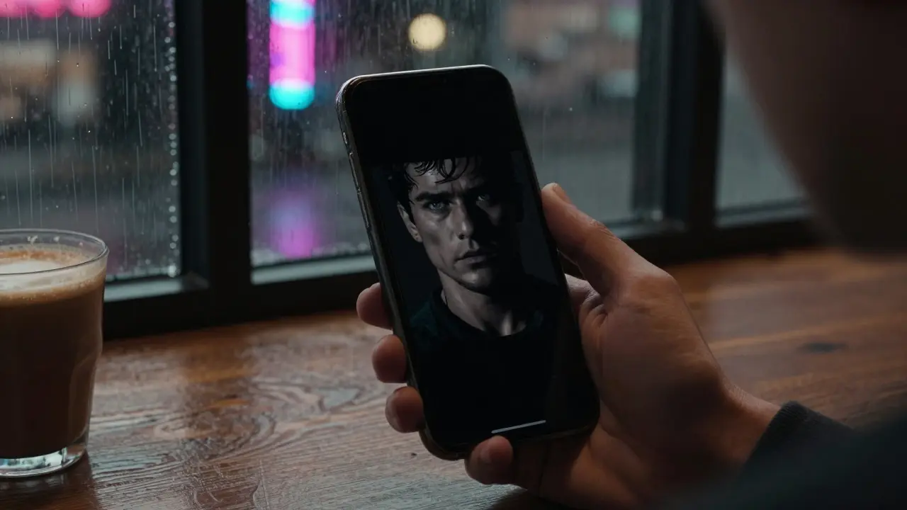 Osoba v kavárně drží mobil s tmavou obrazovkou, městské neonové světlo za oknem.