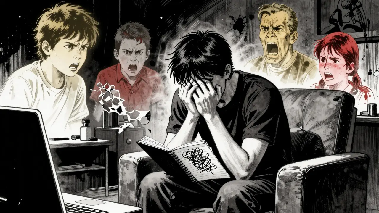 Osoba v terapii s duševními výtvory minulosti v temné místnosti.