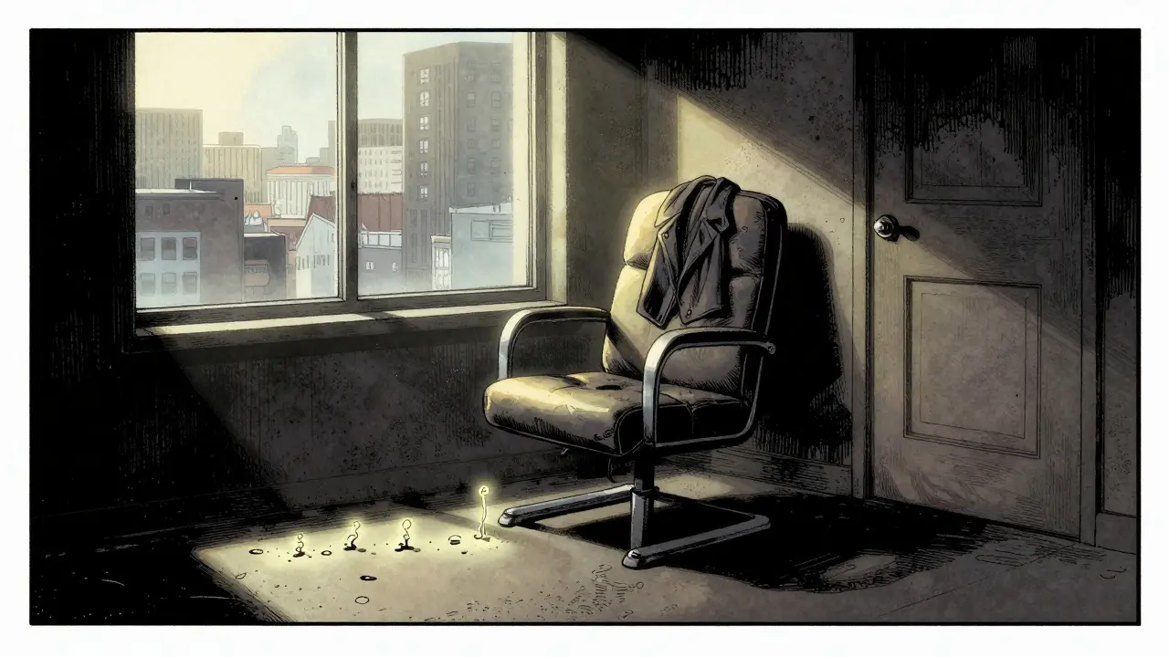 Prázdný křeslo s pláštěm, po stopách bramborových klíčků k dveřím.