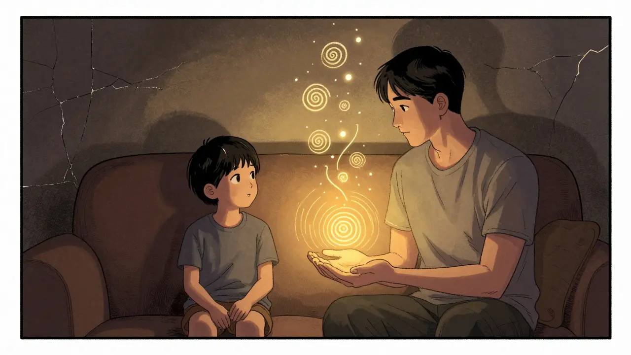 Rodič a dítě sedí vedle sebe, mezi nimi se vznášejí symboly klidu a dýchání.