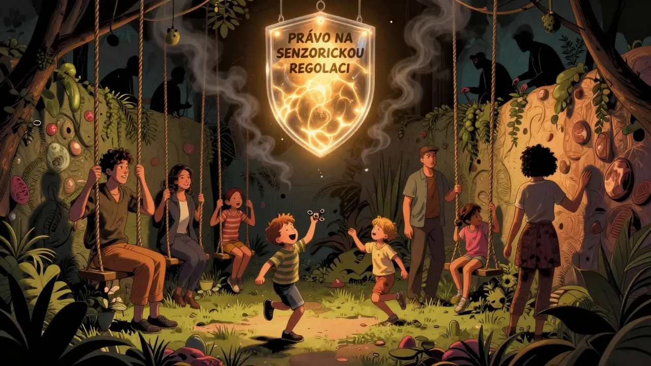 Rodina a terapeuti v senzorické zahradě, kde děti volně stimují pod ochranou práva na regulaci.