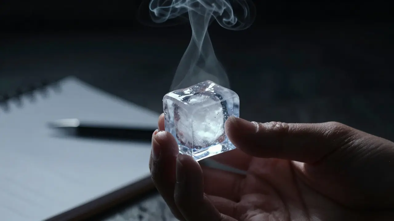 Ruka držící ledovou kostku s párou