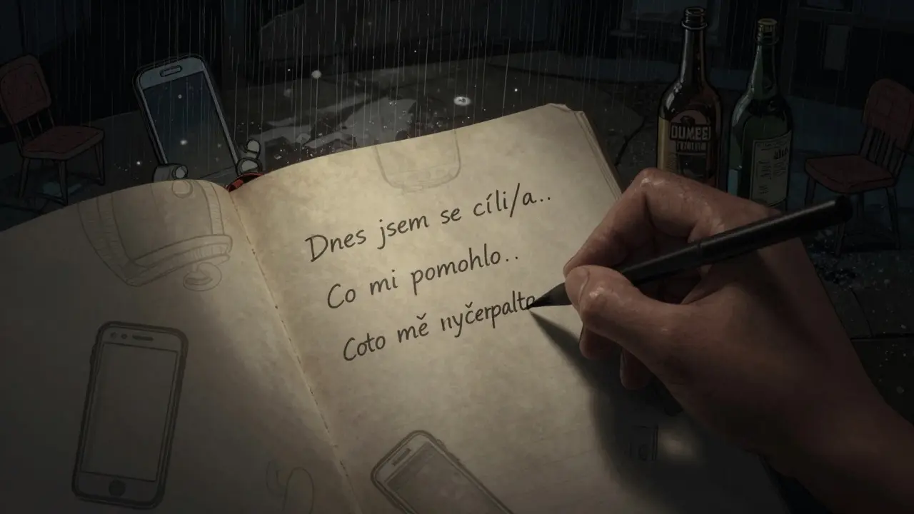 Ruka píše do deníku při světle lampa, kolem ní stíny telefonu, alkoholu a izolace.