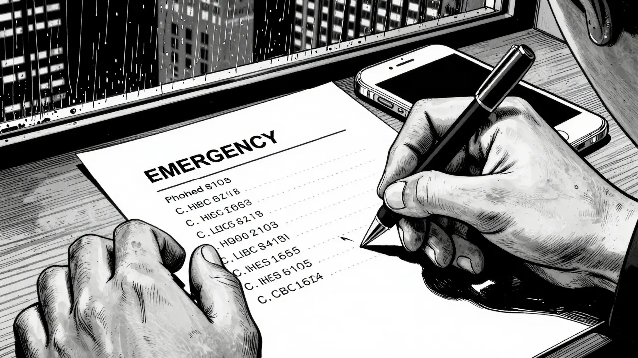 Ruka píše kontakty na papír s telefonem, noir komiks.