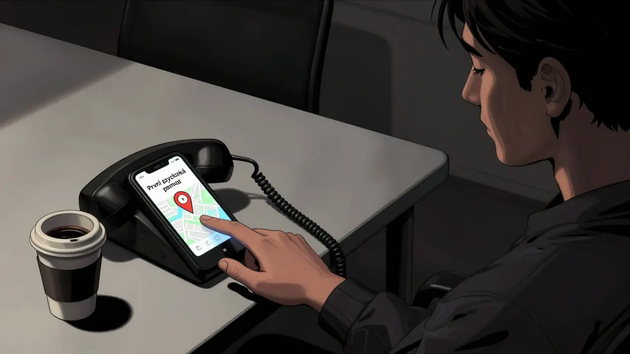 Ruka tiskne telefon s aplikací pro první psychickou pomoc, vedle ní káva a tichá přítomnost.