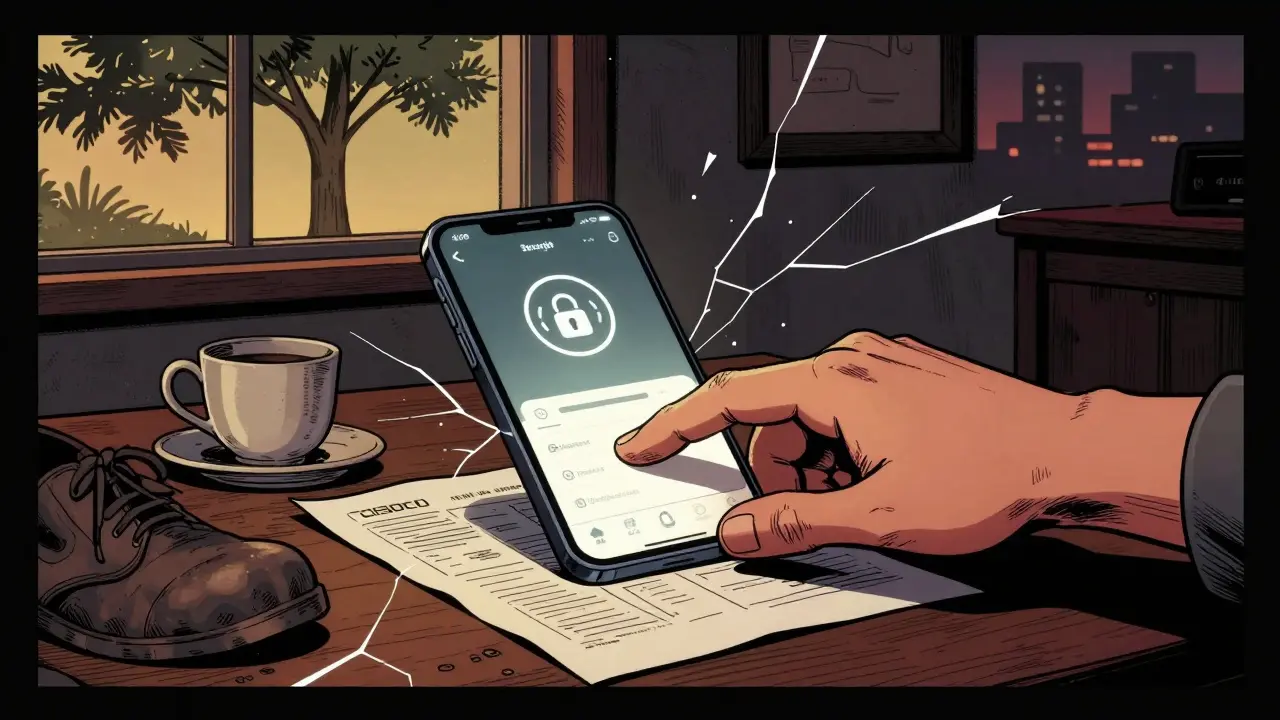 Ruka z telefonu se dotýká tištěného bezpečnostního plánu, vedle teplá káva a obuv, za oknem město ve večeru.