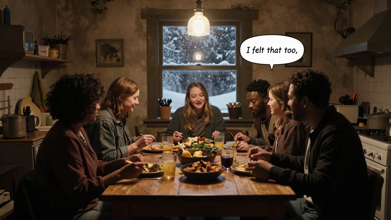 Skupina lidí sdílí jídlo v kuchyni, symbolizující podporu a uzdravení.