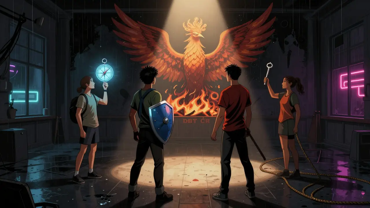 Skupina lidí v tréninkové místnosti drží symbolické nástroje DBT pod neonovým světlem.