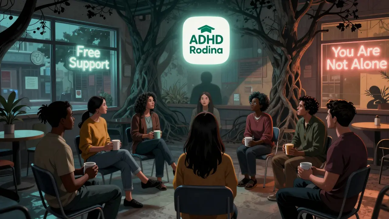 Skupina rodičů v kroužku, jejich stíny se mění v stromy, nad nimi svítí aplikace ADHD Rodina.