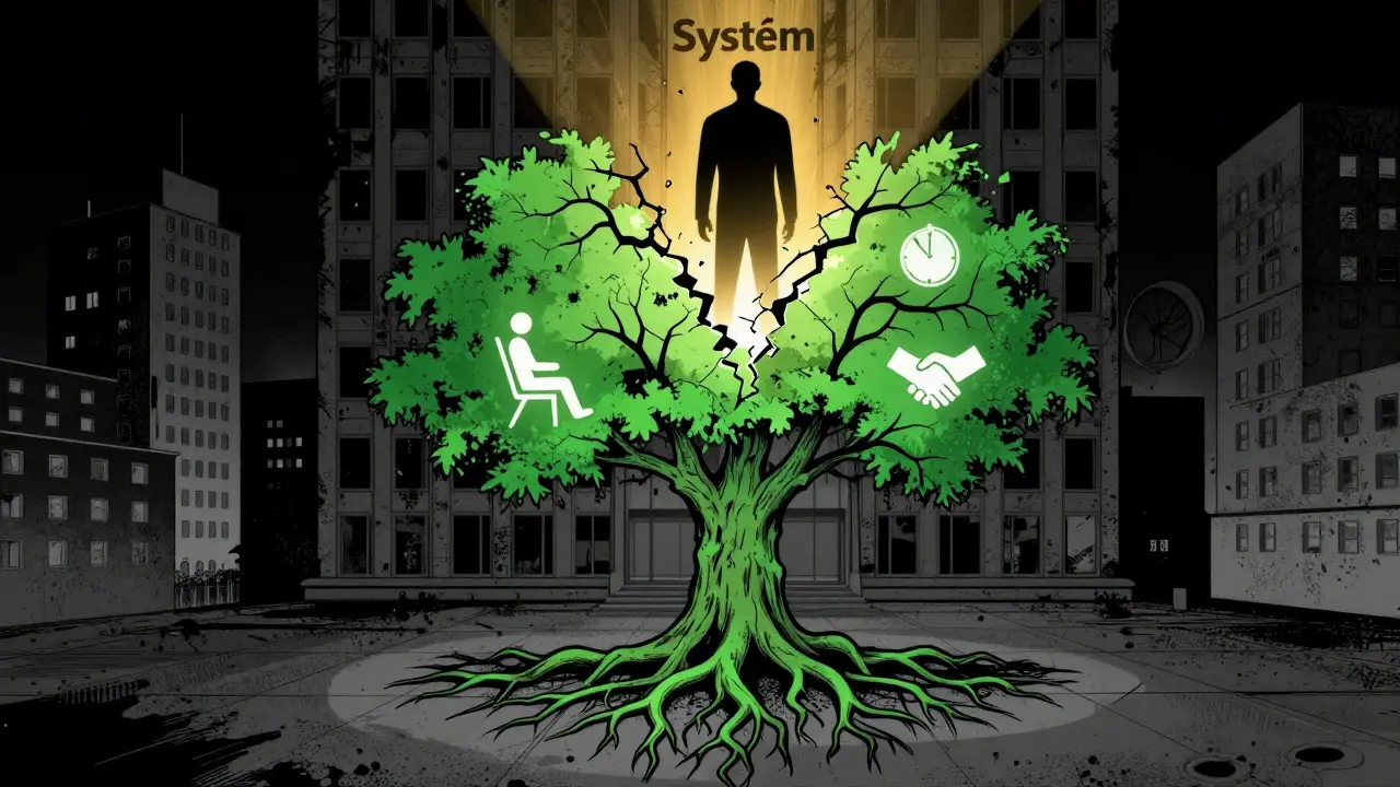 Strom duševního zdraví roste skrz kancelářskou budovu, rozpadá se systém stresu, září podpora a flexibilita.