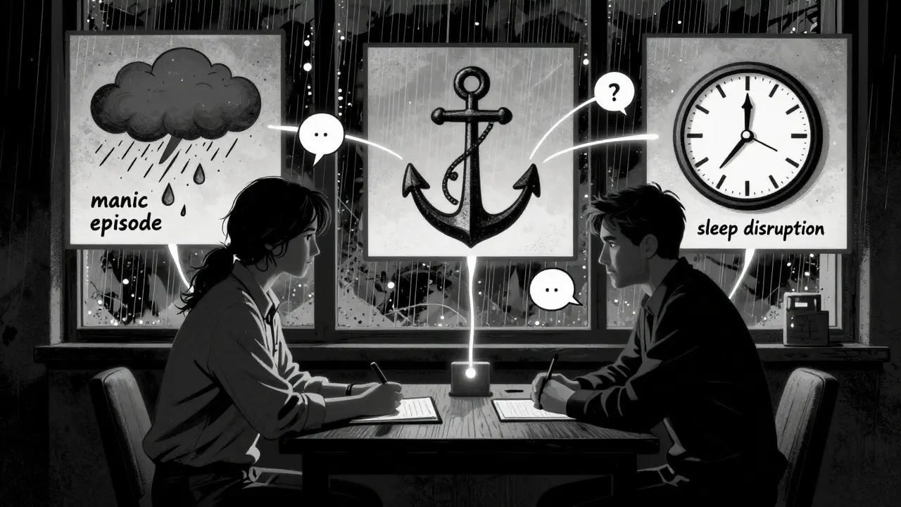 Terapeut a pacient spolu diskutují, kolem nich plavou vizuální symboly jejich emocí a příznaků.