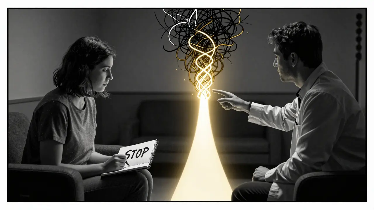 Terapeut a pacientka v terapii, kde se emoční chaos mění v klid podle techniky STOP v temném komiksovém stylu.