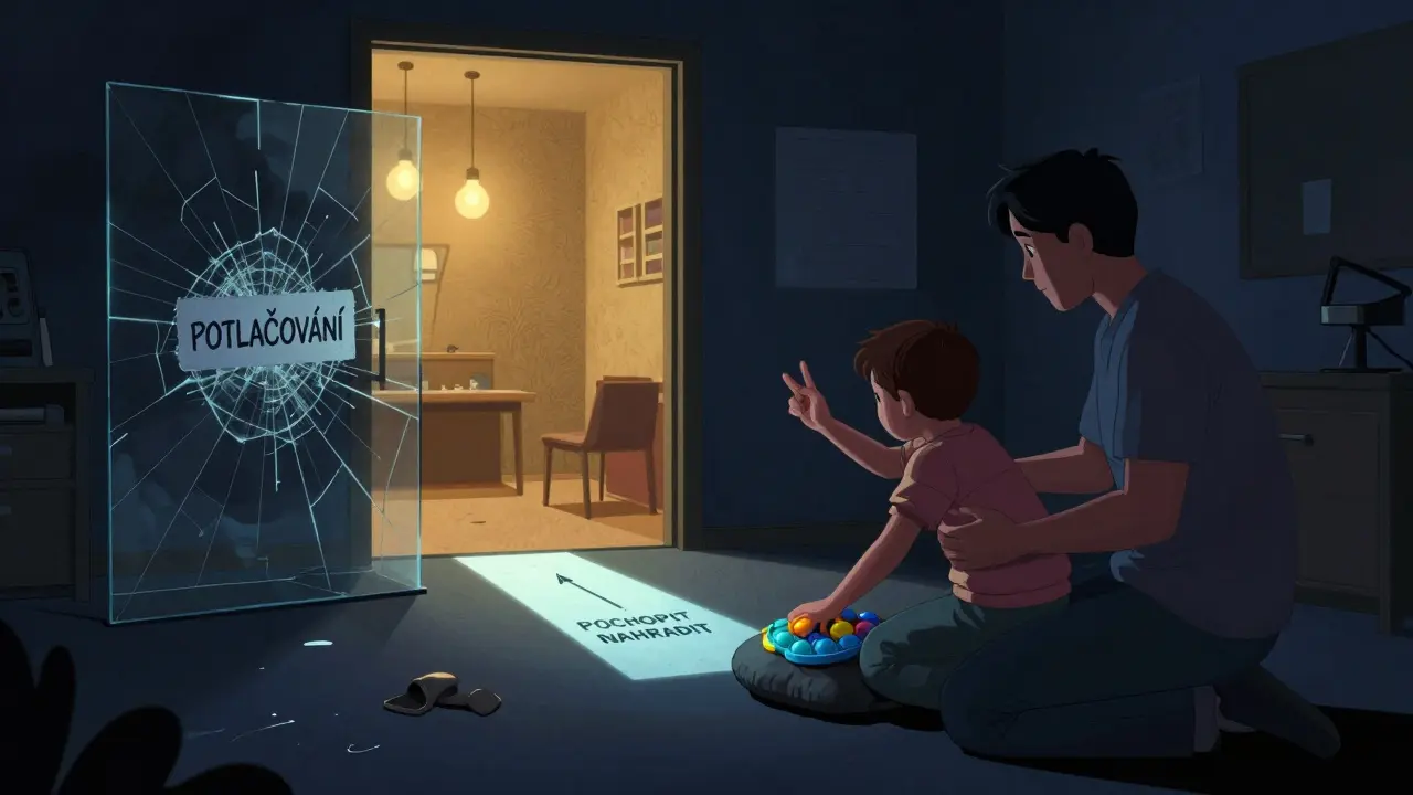 Terapeut nabízí senzorickou pomůcku dítěti, zatímco za nimi praská symbol potlačování.