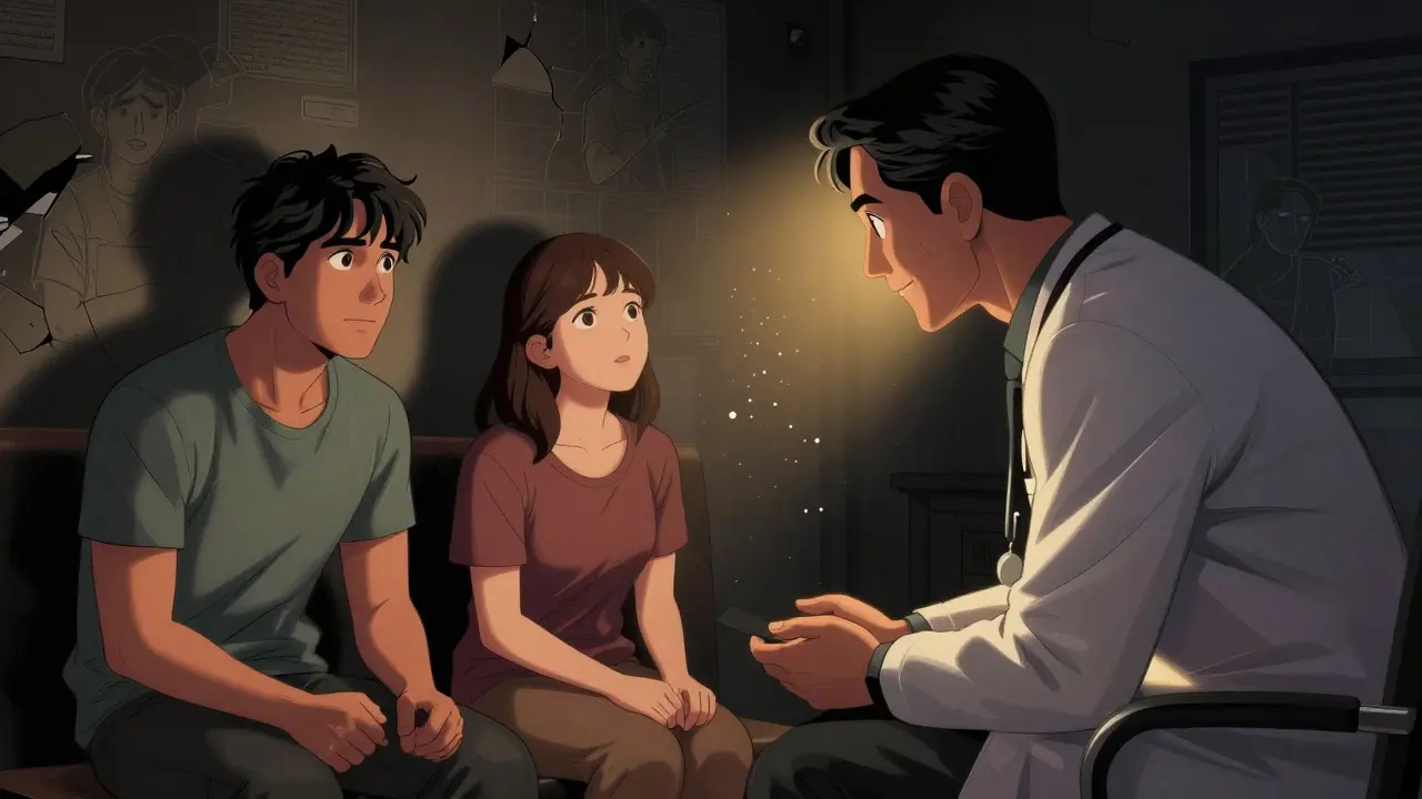 Terapeut s jemným úsměvem, zatímco pár přestává být napjatý a začíná se otevírat.