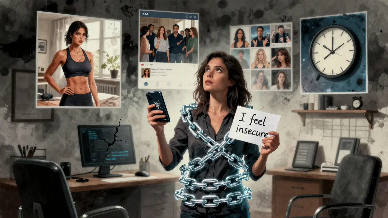 Terapeutka v kanceláři drží zlomený telefon a list s větou 'Cítím se nejistě', kolem ní se rozpadají digitální řetězy.