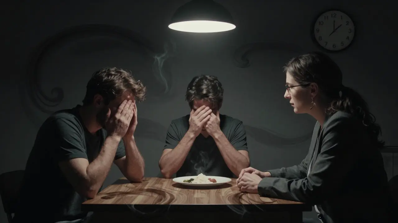 Therapy session with patient eating quietly, intense lighting highlighting tension.