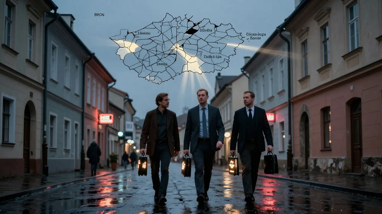 Tři peer pracovníci jdou všakem městem, jejich kufrům vyzařují symboly jejich rolí, mapa Česka se osvětluje.