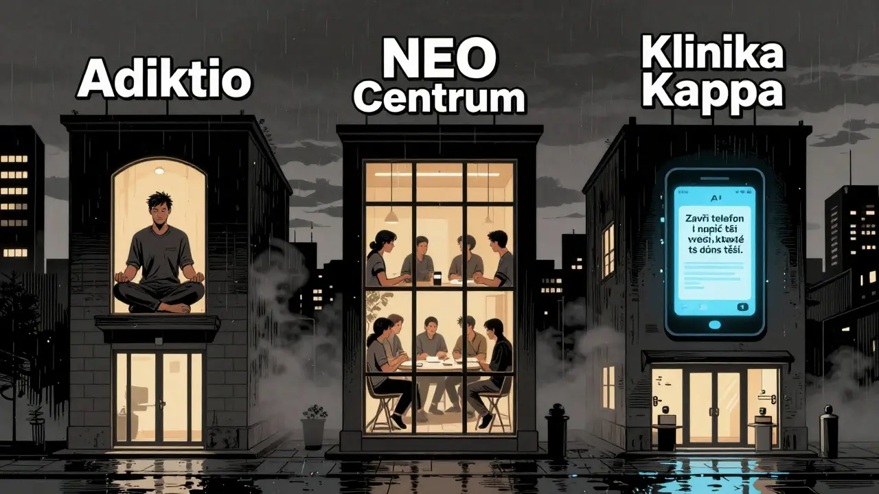 Tři terapeutická centra v nočním městě, jejich okna ukazují klíčové momenty léčby digitální závislosti.