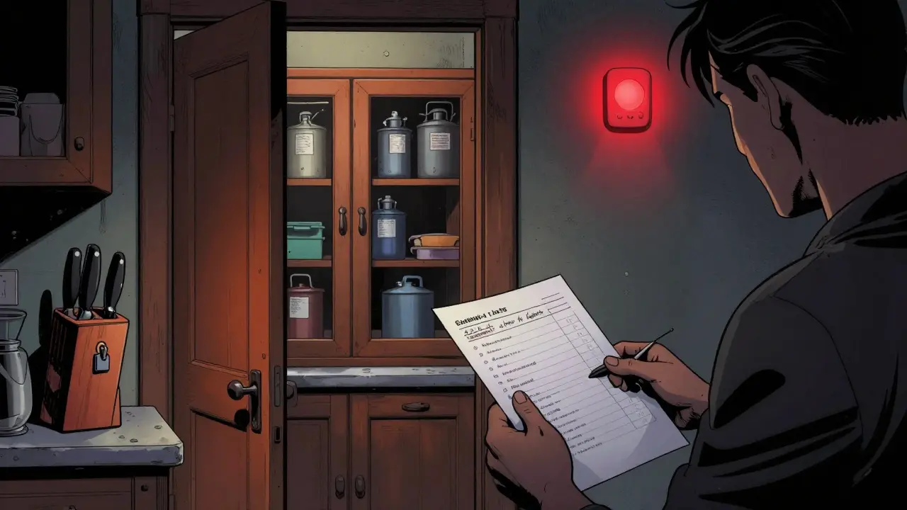 Zamknuté nože a chemikálie v kuchyni, senzor svítí červeně, rodina si připomíná bezpečnostní plán.