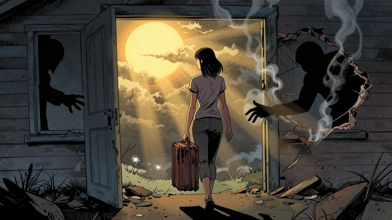 Žena opouští rozpadající se dům na východě, slunce svítí, za ní se táhne mlha.