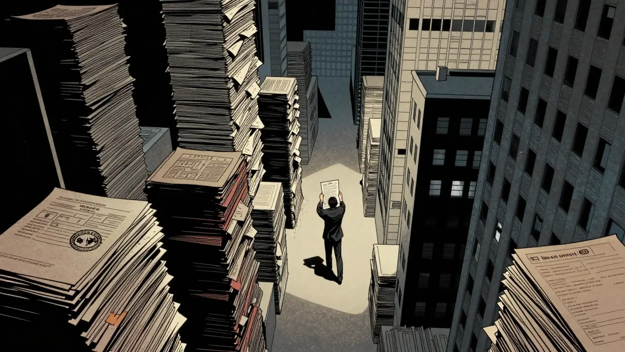 Člověk v byrokratickém bludišti s formuláři