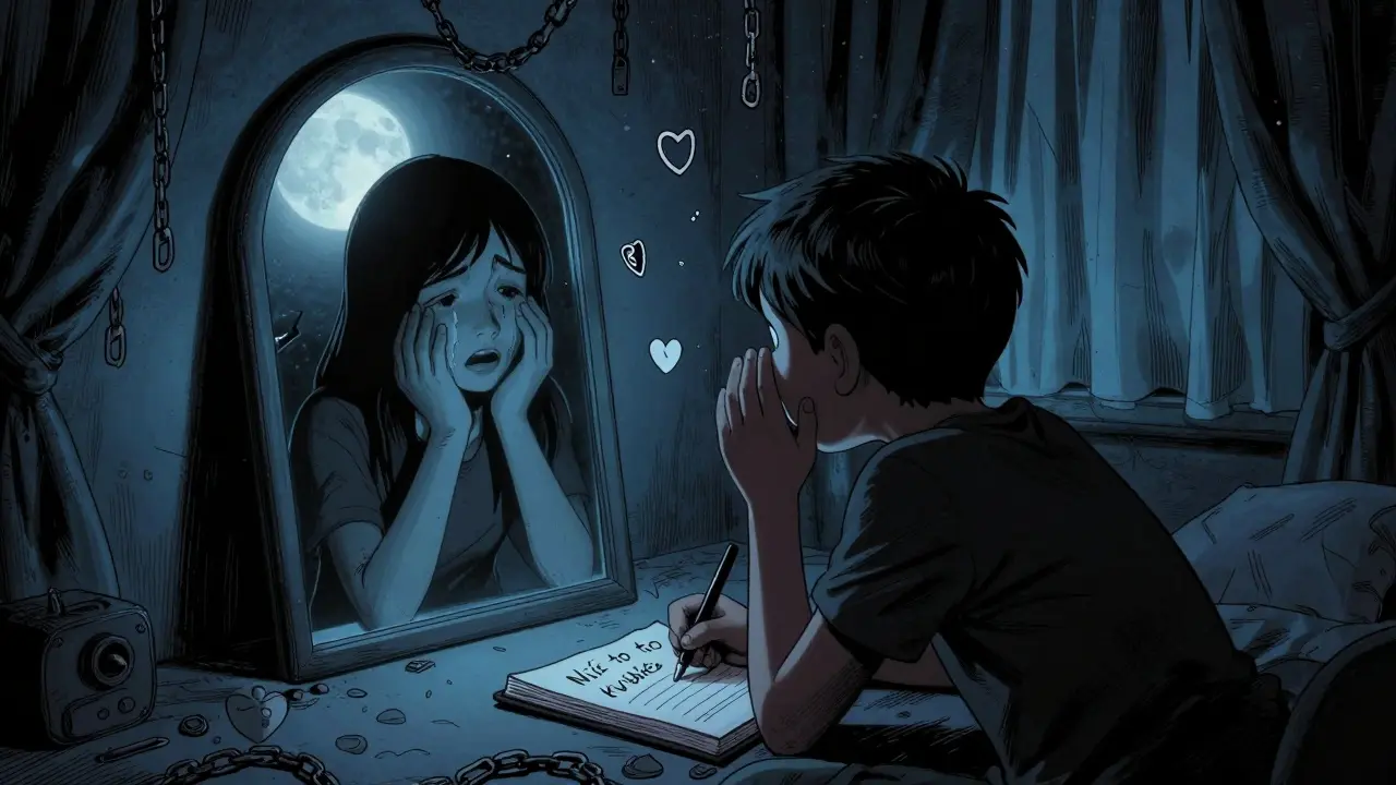 Dítě ve tmě píše do deníku, v zrcadle se objeví pláčící dospělý, symboly bezpečí plavou kolem.