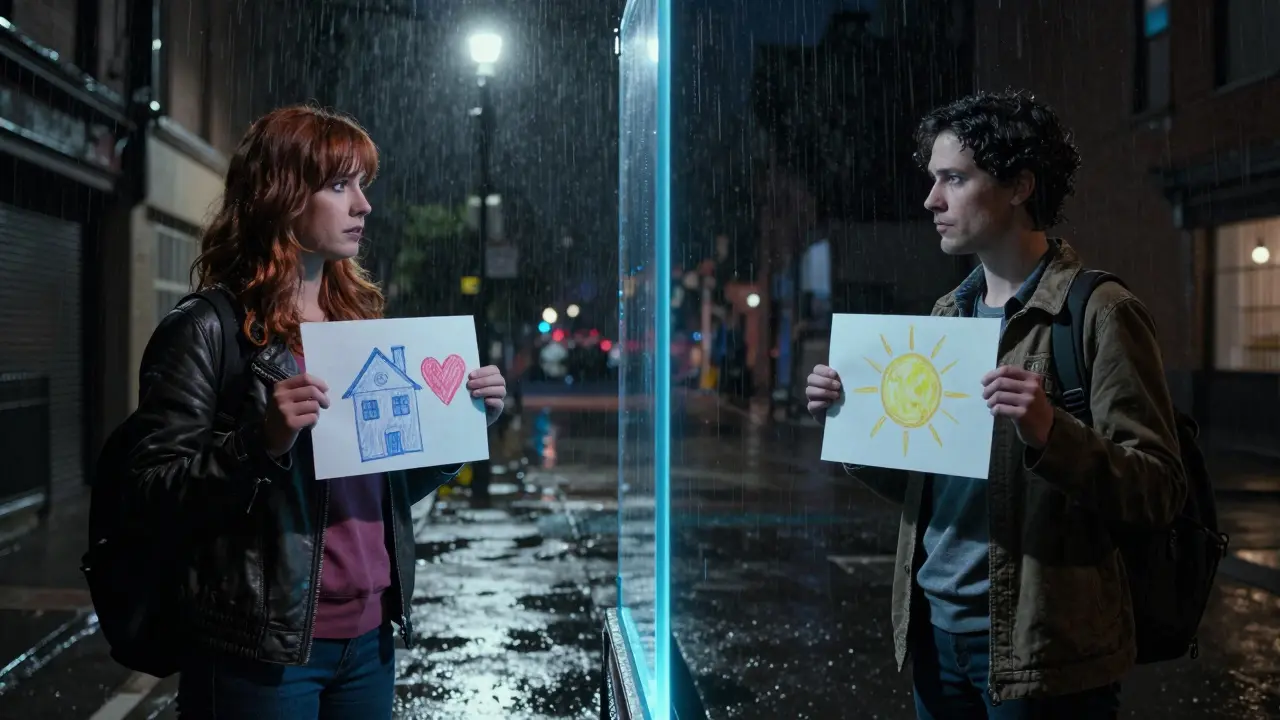 Dva partneři odděleni světlou čárou, drží kresby dítěte v klidné komunikaci.