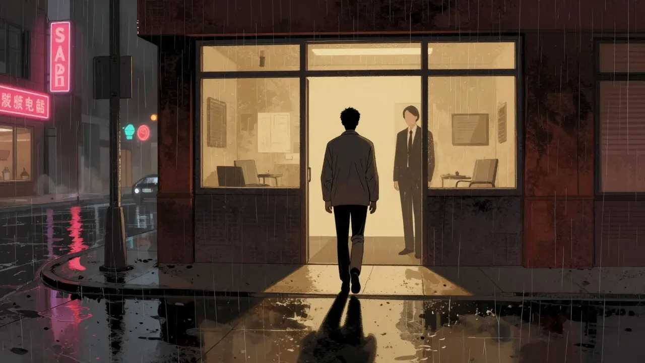 Klient odchází v ranním světle, jeho stín je celistvý, terapeut stojí v dveřích jako neviditelná přítomnost.