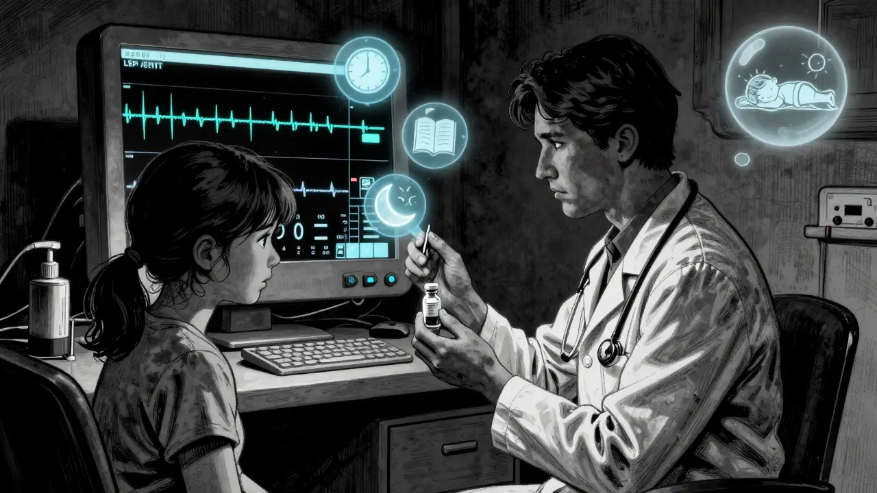 Lékař podává melatonin matce v klinice, za nimi EEG monitor ukazuje zdravý spánek, symboly režimu spánku visí v pozadí.