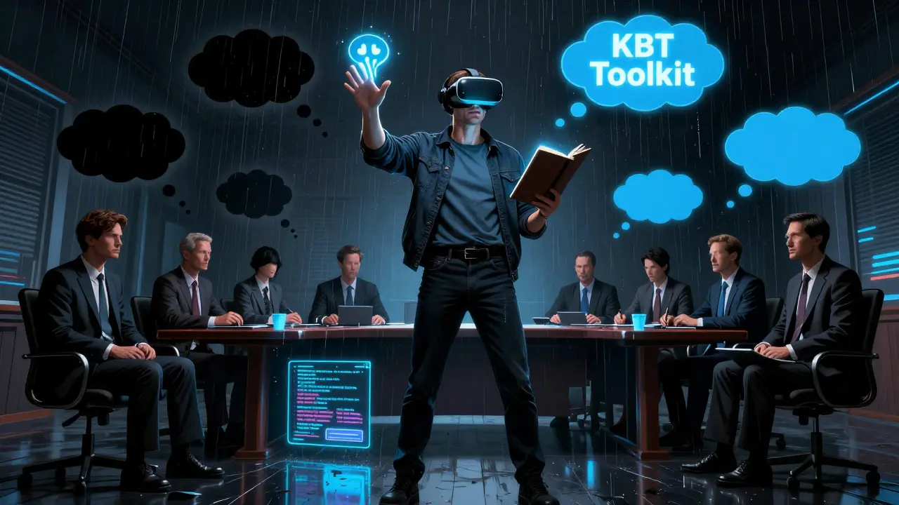 Muž ve VR brýlích v virtuální místnosti, transformuje katastrofické myšlenky v rámci KBT nástrojů.