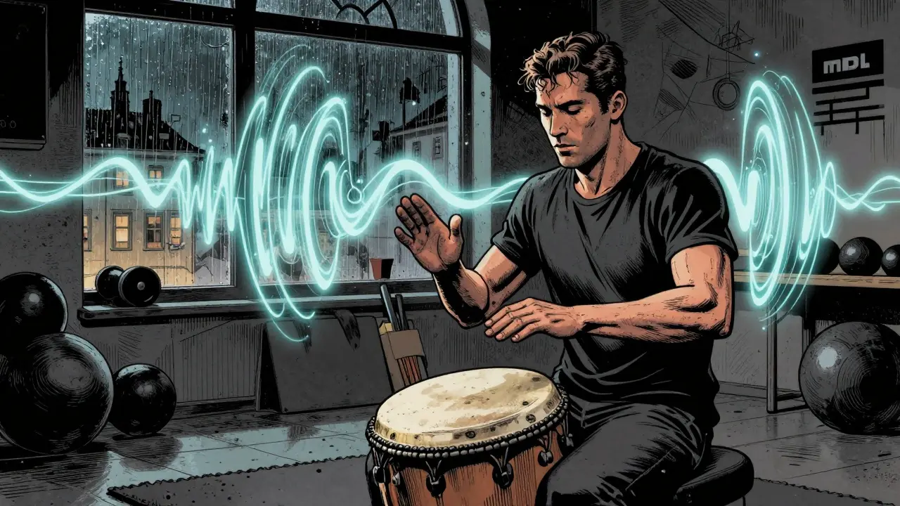 Muzikoterapeut a muž po mrtvici hrají na buben v terapeutickém prostředí.