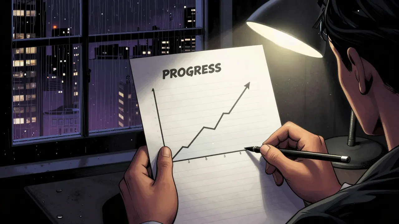 Oba se podepisují na grafu pokroku, za nimi deštivá noční město.