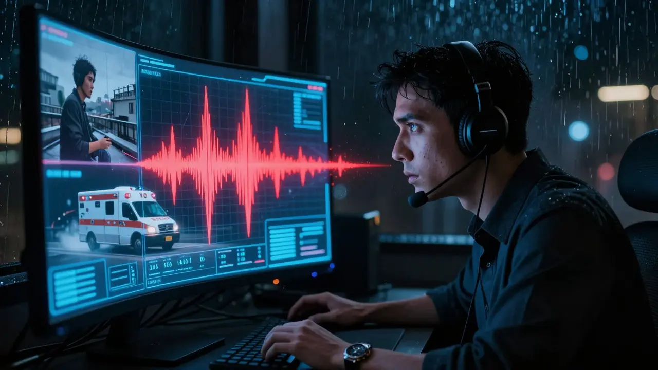 Operátor v centru krizové linky sleduje analýzu hlasu a zároveň se blíží záchranná sanitka.