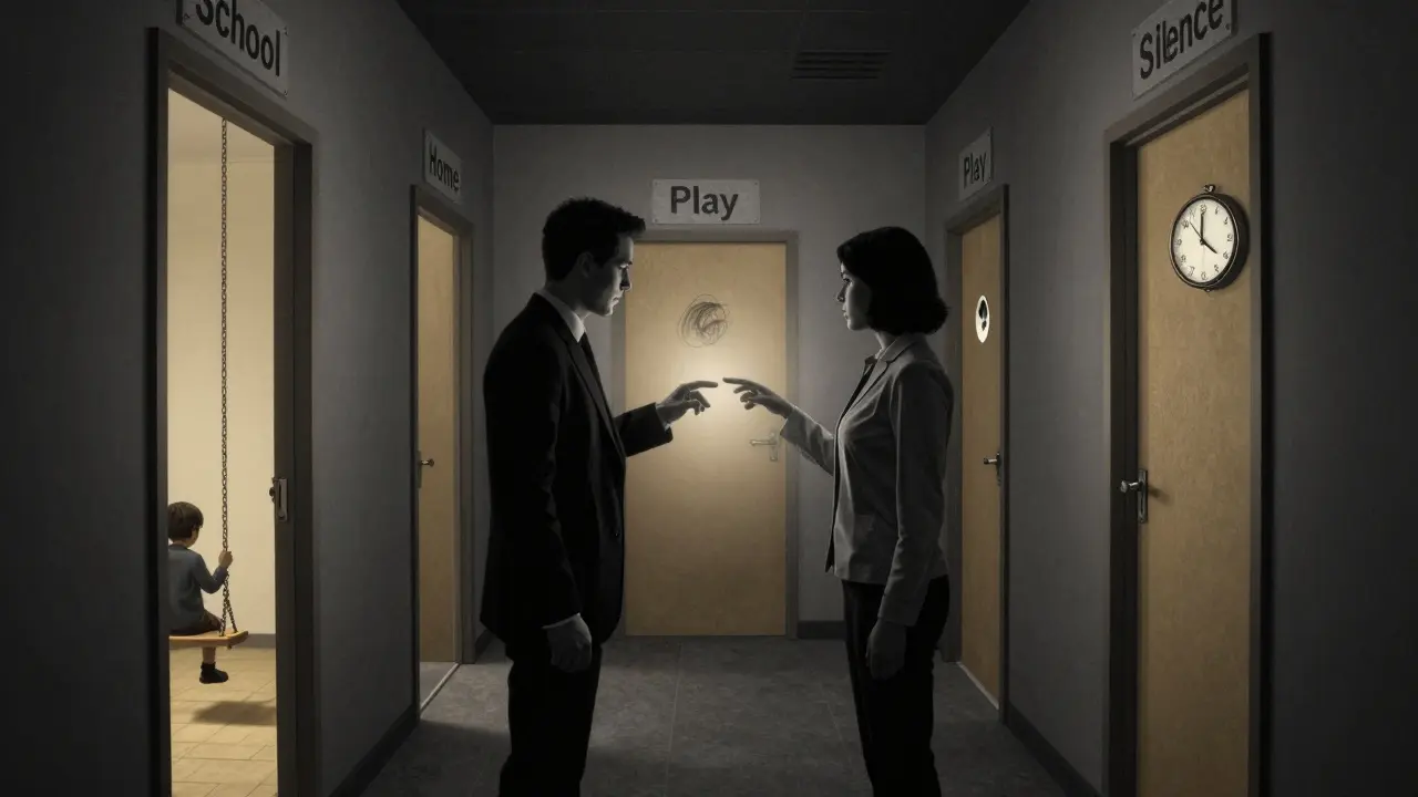 Psychiatr a terapeut stojí zády k sobě, spojení světlem mezi dveřmi reprezentujícími život dítěte.